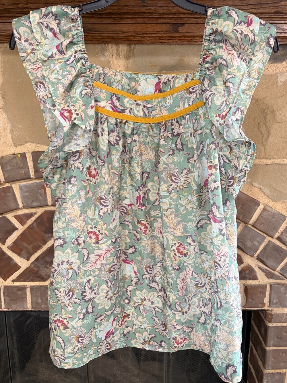 Current Air Cottage Floral Square Neck Blouse Yellow Chevron Ribbon